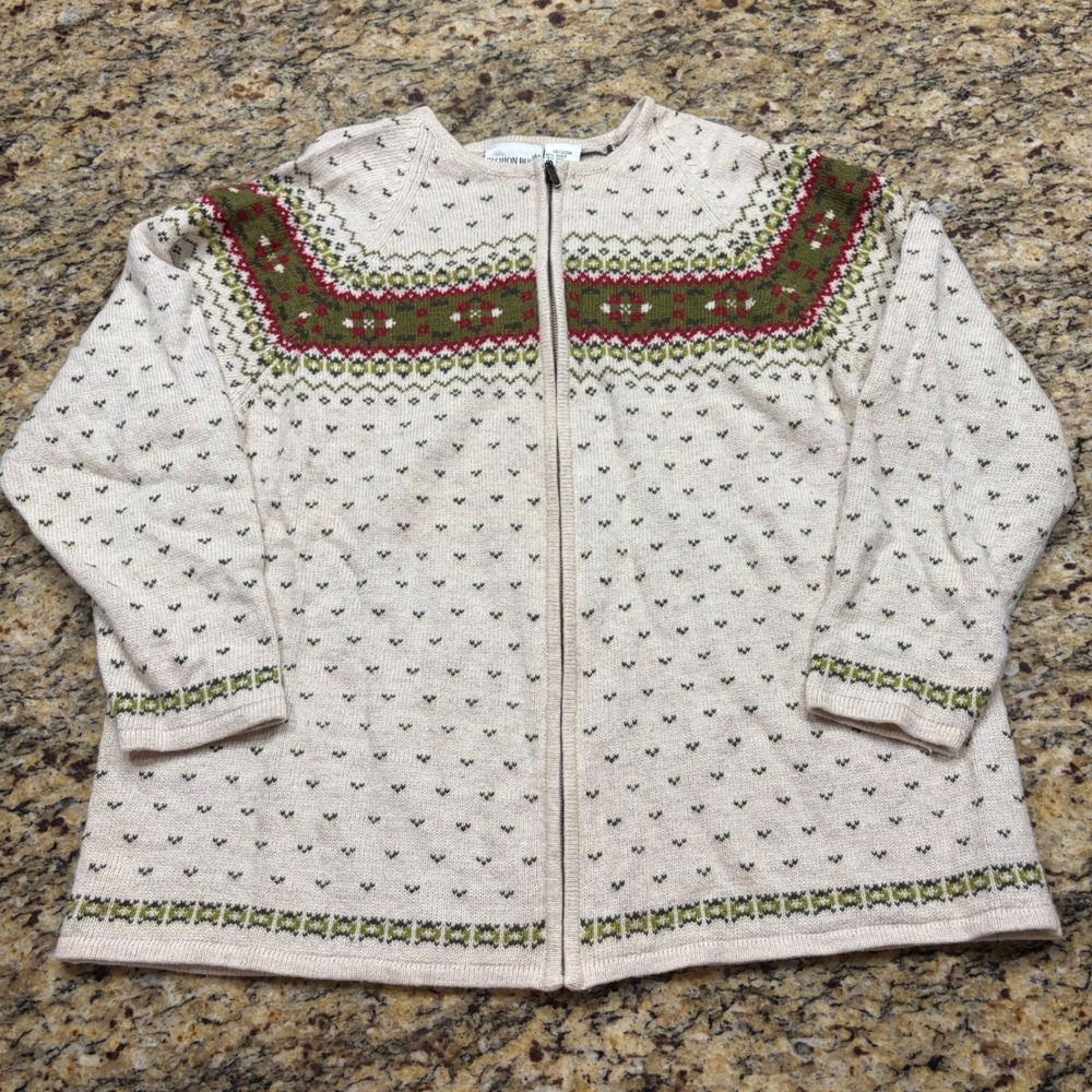 Fashion Bug Vintage Fair Isle Zip Up Cardigan Sweater Cream Wool Blend 18/20W
